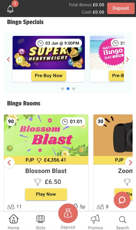 a screenshot of the Glossy Bingo lobby