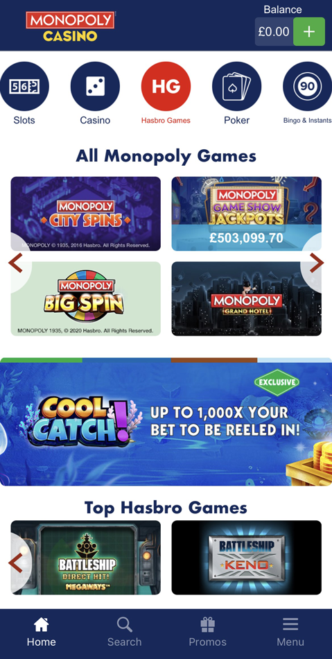 Screenshot of the Monopoly-themed casino and slots games
