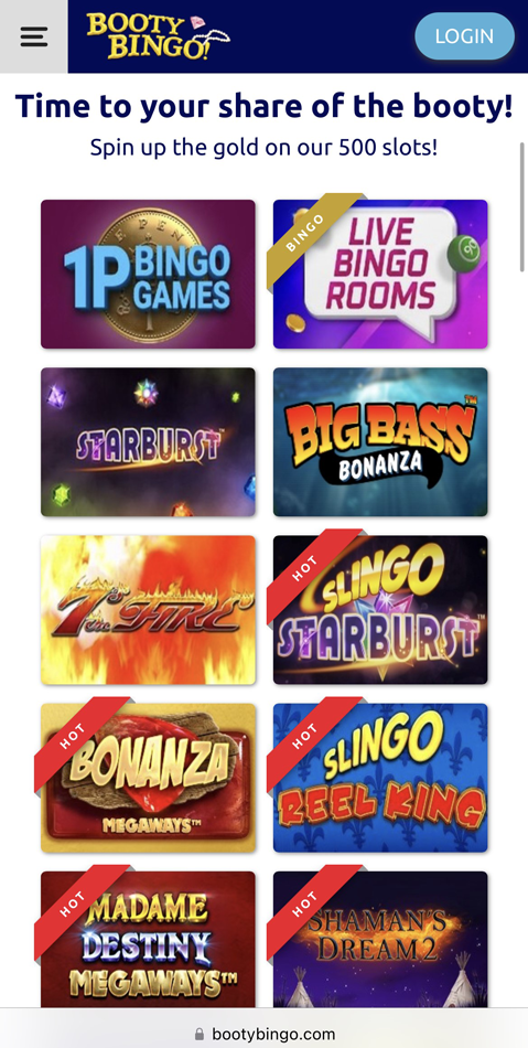 a screenshot of the Booty Bingo homepage
