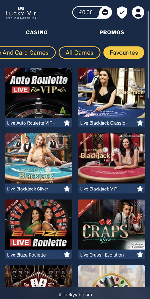 The casino games selection at Lucky VIP