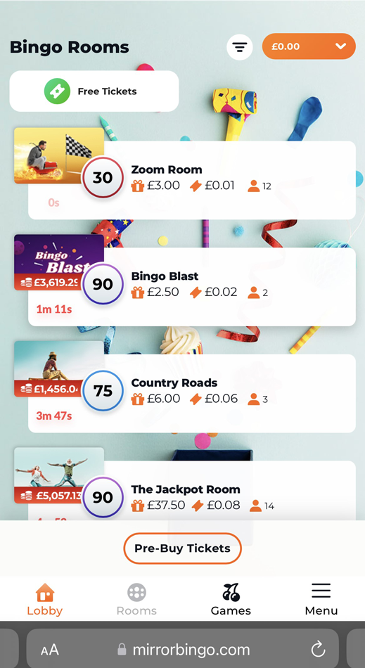 Games lobby screenshot at Mirror Bingo