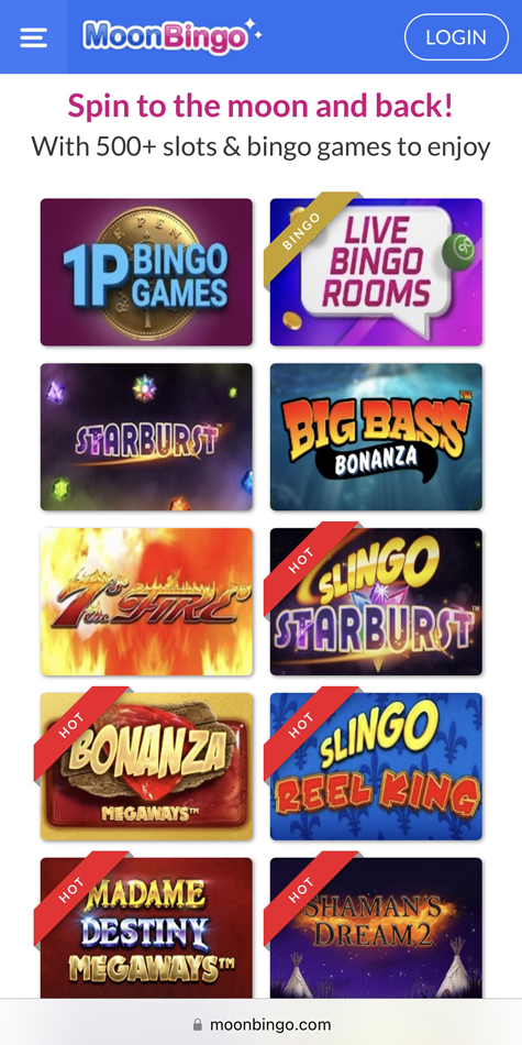 Screenshot of some of the 500+ games available at Moon Bingo