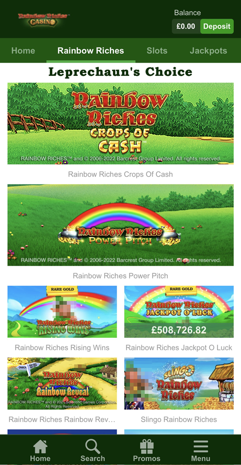 A screenshot of the Rainbow Riches Casino mobile app