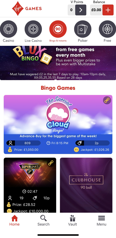 Virgin Games bingo lobby