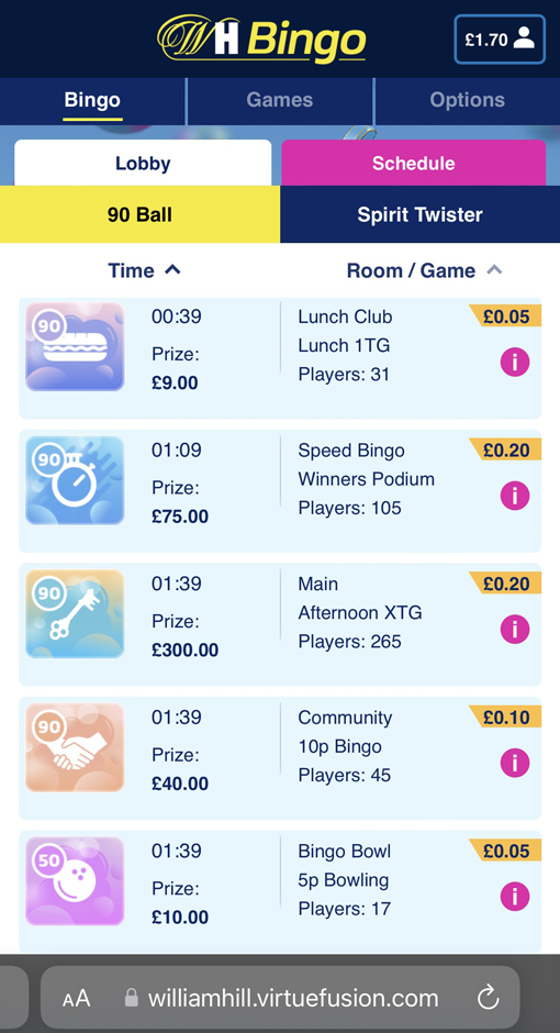 William Hill Bingo lobby screenshot on mobile