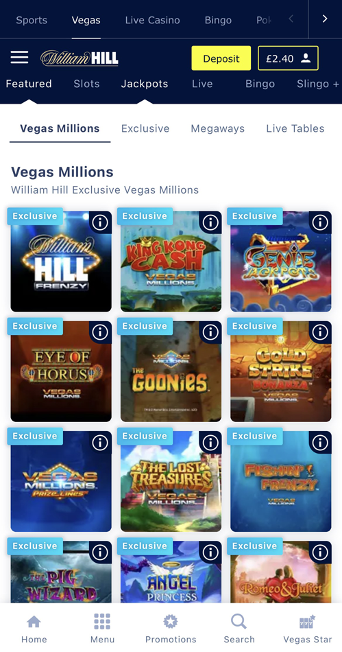 William Hill Vegas games lobby on mobile