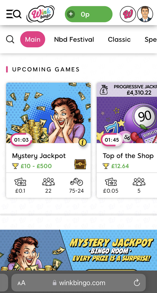 Wink Bingo mobile lobby screenshot