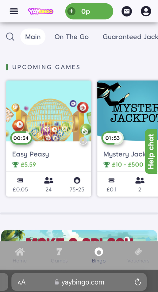 Yay Bingo games lobby on mobile