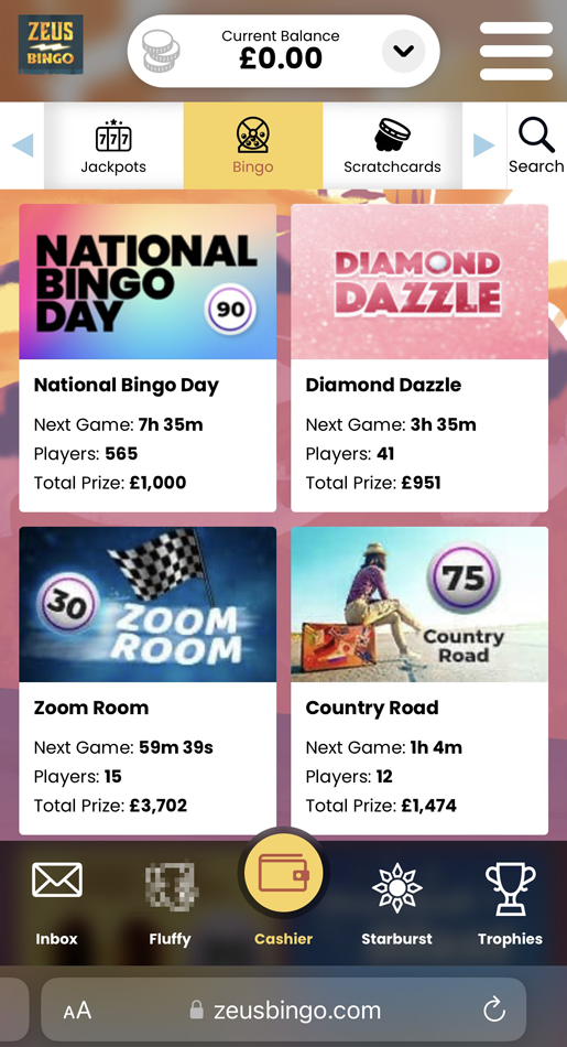 Zeus Bingo games lobby screenshot
