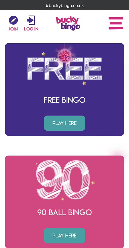 A screenshot of the Bucky Bingo mobile homepage