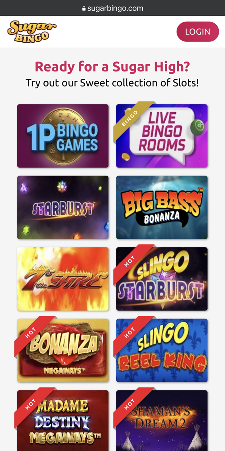 A screenshot showing the bingo and slots games available