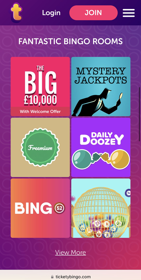 The mobile homepage at Tickety Bingo