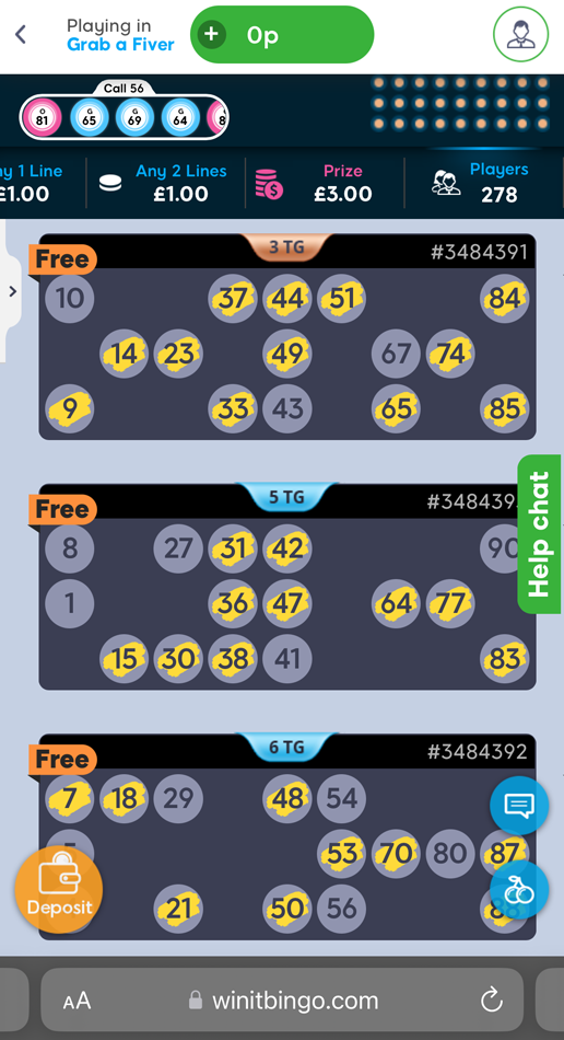 screenshot of a bingo game in progress at Win It