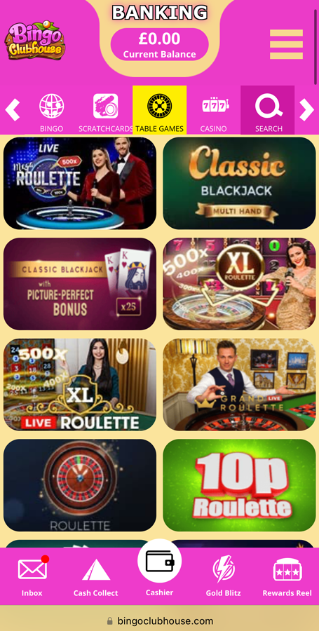 a screenshot of the table games at Bingo Clubhouse