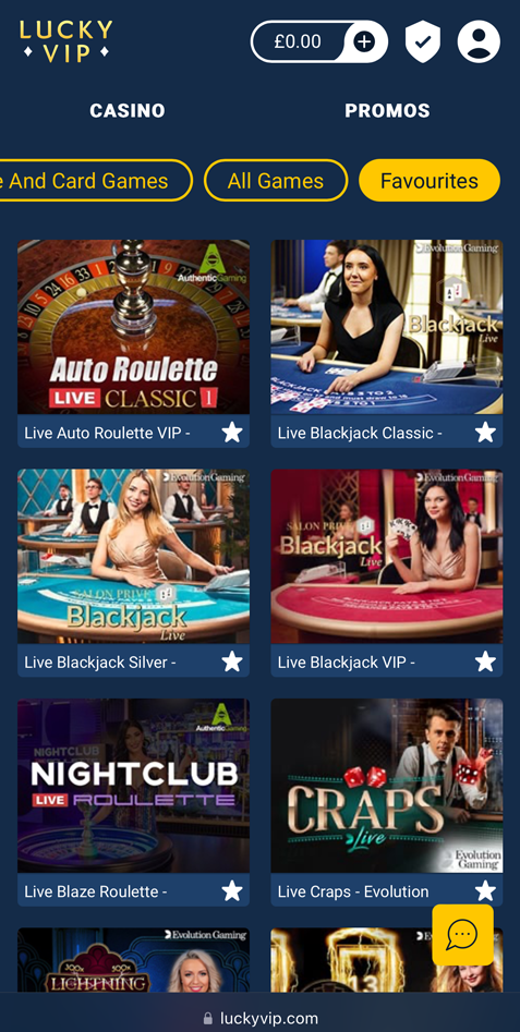 The casino games selection at Lucky VIP