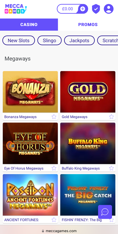 Screenshot of the Megaways slot games available