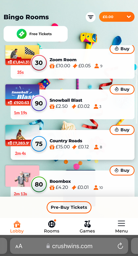a screenshot of the bingo lobby