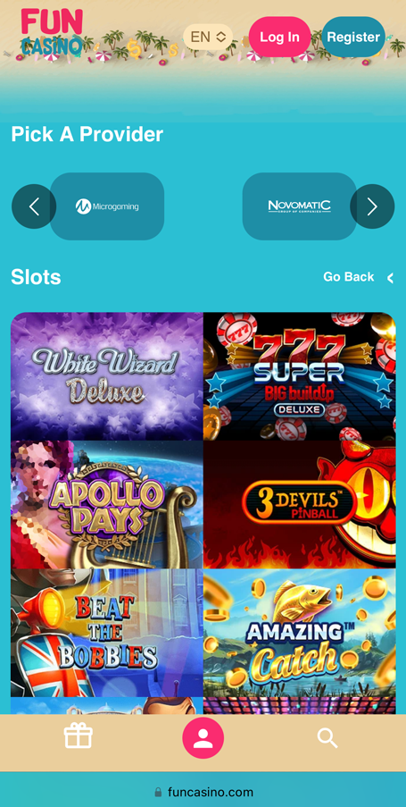 a screenshot of the slots lobby at Fun Casino