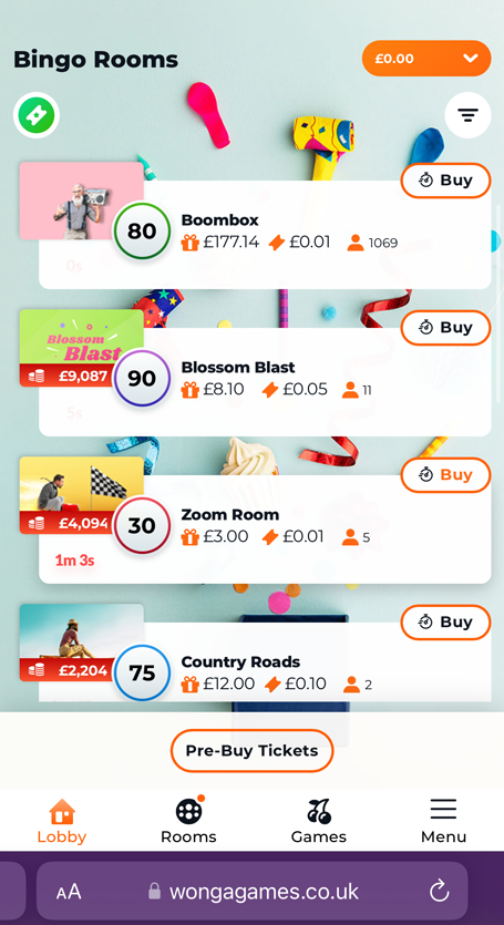 wonga games bingo lobby screenshot